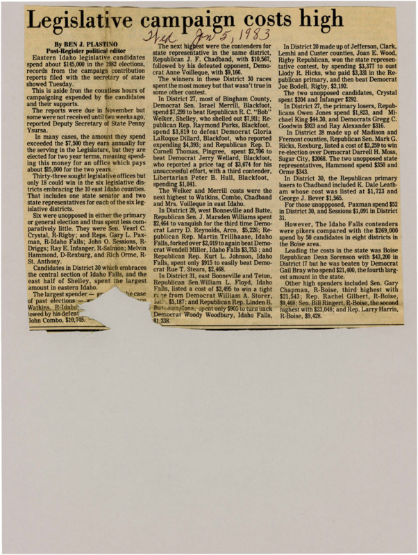 A newspaper article discussing: In the 1982 Idaho elections, many legislative candidates spent amounts significantly higher than the annual legislative salary of $15,000. Notable spenders included Republican Dean Sorenson, who spent $43,200, and J.F. Chadband, who spent $10,567 to win a District 30 seat. Campaign expenses varied widely across districts, with some candidates, especially in Boise, reporting tens of thousands in spending.