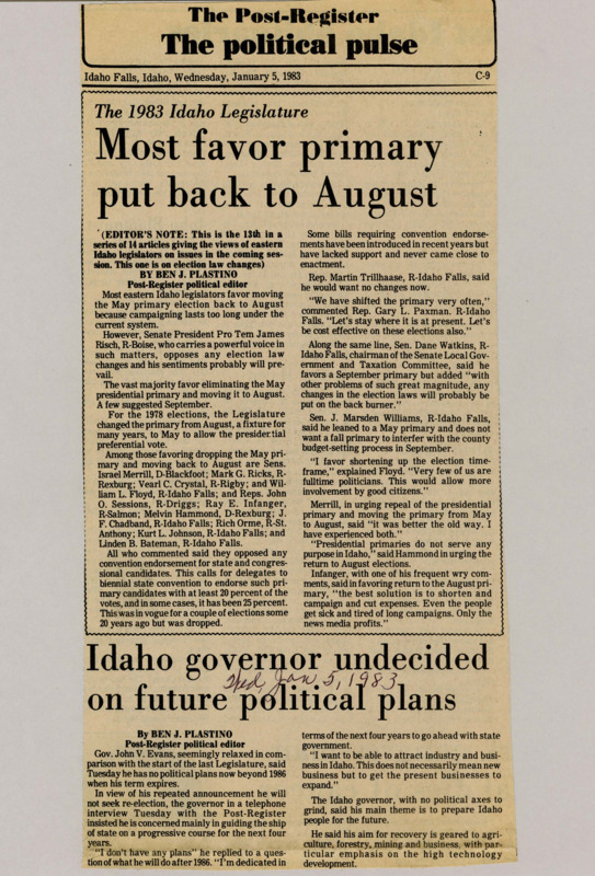 A newspaper article discussing: Idaho lawmakers are debating moving the primary election from May back to August to shorten lengthy campaign seasons. Some believe the current May primary, which was established in 1978, is unnecessary and costly, while others suggest a September date. Senate President Pro Tem James Risch opposes any changes, and his stance could influence the outcome.