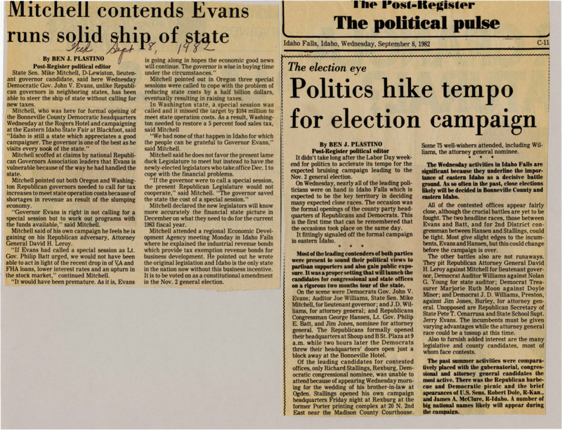 A newspaper article discussing: Political campaigns in Idaho intensified after Labor Day, with key party headquarters openings in Idaho Falls signaling the start of the election season. Leading candidates from both parties, including Gov. John Evans and Congressman George Hansen, were present to rally support for the Nov. 2 election. Tight races were expected, particularly for governor, congress, and attorney general, with eastern Idaho seen as a decisive battleground.