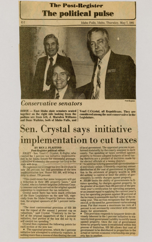 A newspaper article discussing: Senator Vearl C. Crystal explained that House Bill 389 will slightly lower Idaho's average tax rate from 0.797% to 0.778%, which could reduce property taxes for some people in 1981. The bill limits how much local governments can raise taxes by setting a cap based on property value changes. Despite some criticism, Crystal said the law is meant to control government spending and make taxes fairer for property owners.