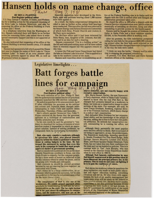 A newspaper article discussing: In the 1982 Idaho gubernatorial race, Lt. Gov. Philip E. Batt criticized Democratic Gov. John V. Evans for division and inefficiency while positioning himself as a moderate Republican. Batt is popular in Boise but faces challenges in uniting the Republican Party, with some far-right criticism due to his moderate views. He supports government spending cuts but is cautious about impacts on education and environmental issues like water and air quality.