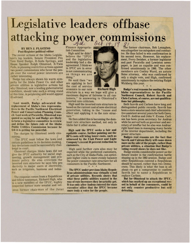 A newspaper article discussing: Idaho's leaders, including Senate President Reed Budge and House Speaker Ralph Olmstead, disagree on the role of the Idaho Public Utilities Commission (IPUC) and its electricity rate system. Olmstead says the IPUC favors big utilities and wants to limit its power. Budge defends the IPUC, saying it works to keep utility rates fair for everyone.