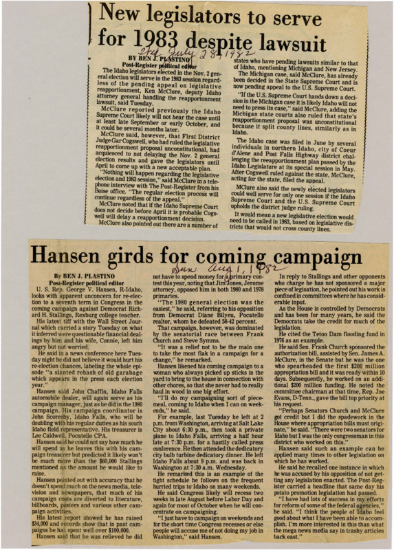 A newspaper article discussing: Several states, including Idaho, Michigan, and New Jersey, are involved in lawsuits over legislative reapportionment. In Idaho, a district judge ruled the state's reapportionment plan unconstitutional, but the case is now under appeal. A decision by Michigan's court could impact whether Idaho pursues further legal action or holds new elections in 1983.