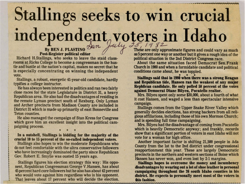 A newspaper article discussing: Richard H. Stallings is running for Congress against incumbent George V. Hansen, focusing on winning independent and moderate Republican votes. Stallings plans to overcome Hansen's advantages by personally campaigning across the 26 counties in his district. He is also hopeful that shifts in district boundaries will help him gain support from more Democratic-leaning areas.