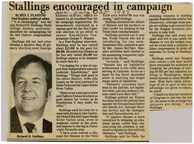 A newspaper article discussing: Richard H. Stallings is campaigning to unseat Republican George. V. Hansen in the 2nd District congressional race, raising $12,000 toward his $60,000 goal. Stallings criticizes Hansen for lacking significant legislative achievements and focusing more on emotional issues. Despite being outspent, Stallings is confident in his support from independents and moderate Republicans across the district.