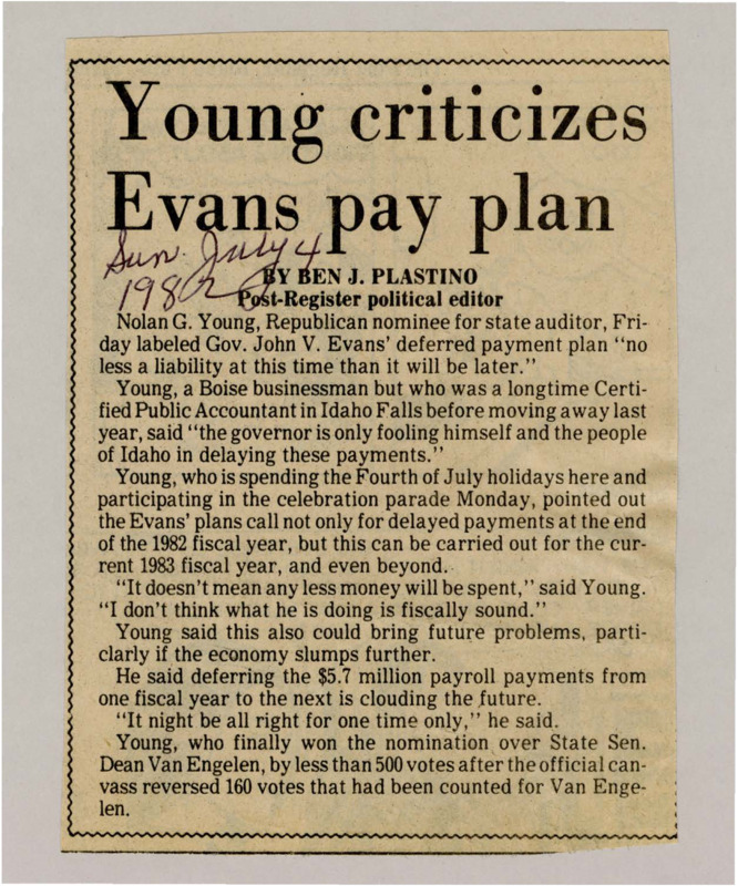 A newspaper article discussing: Nolan G. Young, the Republican nominee for state auditor, criticized Gov. John V. Evans' plan to delay payments, saying it is not a good financial decision. He argued that postponing payments, like $5.7 million in payroll, won't save money and could cause problems later, especially if the economy gets worse. Young won the nomination over State Sen. Dean Van Engelen by less than 500 votes after a recount.
