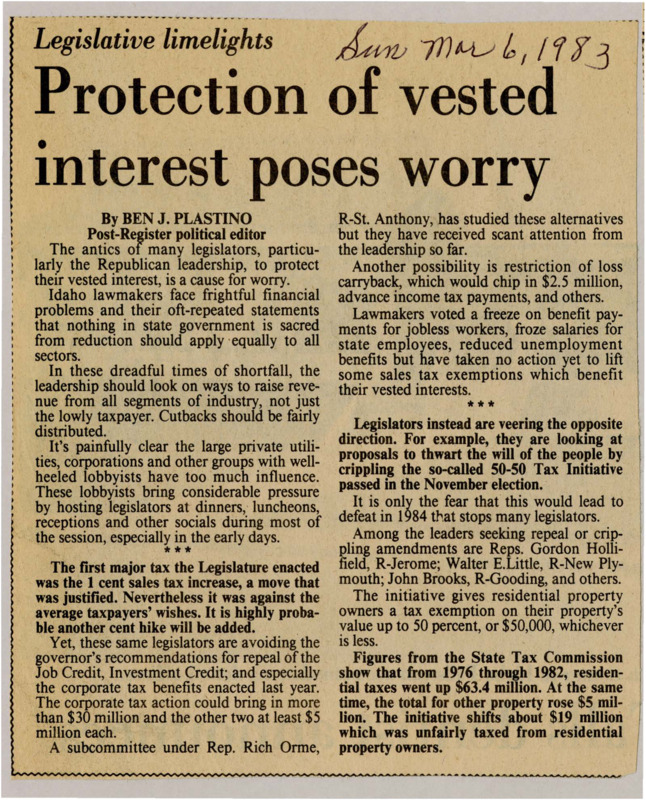 A newspaper article discussing: Idaho lawmakers, mainly Republicans, are focusing on protecting their own interests during financial struggles and avoiding ways to raise more money, like cutting tax credits. Even though they raised sales tax, they haven't tackled tax breaks for powerful industries. They're also trying to weaken a popular property tax relief program to please special interest groups.