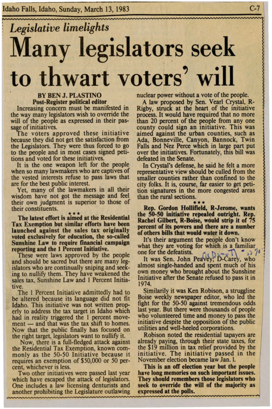 A newspaper article discussing: Lawmakers are trying to undo initiatives that voters approved, like the Residential Tax Exemption, which were created to fix problems lawmakers ignored. Some argue that voters don't understand what they're voting for. The text stresses the importance of protecting voters' rights and remembering those who try to block their choices.