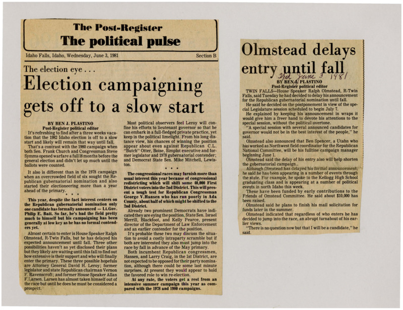 A newspaper article discussing: The 1982 Idaho election season is starting slowly, with only Lt. Gov. Philip E. Batt announcing his run for governor. Redistricting may create challenges for Rep. George V. Hansen, with two Democrats, Israel Merrill and Kelly Pearce, thinking about running. Overall, Hansen and Larry Craig are not expected to face much competition, making it a quieter election year.