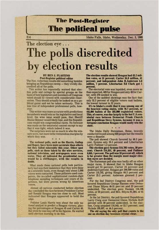 A newspaper article discussing: Ronald Reagan won the 1980 U.S. election with 51% of the vote and 489 electoral votes, while Jimmy Carter only got 41%. Many polls failed to predict such a big win for Reagan, despite using advanced methods. Voter turnout was low, with just 52.3% of eligible voters voting, though turnout was higher in Idaho because of the close Senate race.