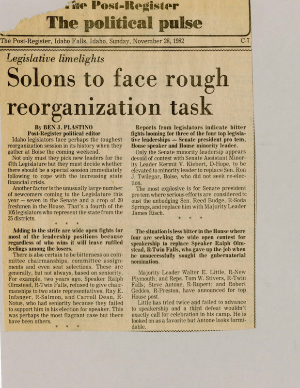 A newspaper article discussing: Idaho lawmakers have a difficult session ahead, choosing new leaders and possibly holding a special meeting to fix money problems. Many new members in the Senate and House make things more uncertain, with big fights over top positions. Arguments over leadership and committee roles will likely cause more tension.