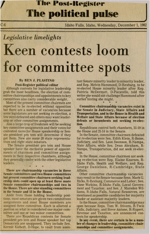 A newspaper article discussing: The state legislature is choosing new leaders, and some committee chair positions are open because of retirements and other changes. New lawmakers are hoping to get important committee jobs, often by supporting leaders in elections. With Republicans in control, there will be changes in leadership and committee assignments, especially in the Senate and House.