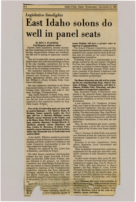 A newspaper article discussing: Eastern Idaho lawmakers gained more power in the recent legislative reorganization, getting important leadership and committee roles. In the Senate, they took three committee chairmanships, and in the House, they kept two. New lawmakers also got key assignments, and eastern Idaho now holds five leadership positions.
