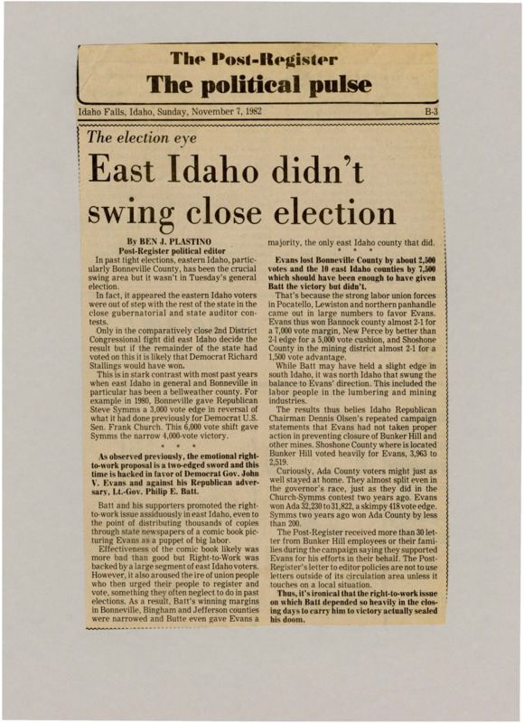 A newspaper article discussing: In the recent election, eastern Idaho didn't have as much impact as usual. Even though many in the region supported right-to-work, unions fought back, helping Democrat Gov. John V. Evans win important areas. Despite losing eastern Idaho by 7,500 votes, Evans' support from unions in other parts of the state helped him win overall. This showed a divide between different regions of Idaho.