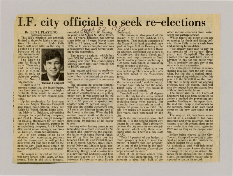 A newspaper article discussing: In the upcoming Idaho Falls elections, Mayor Thomas Campbell and three council members are running for re-election. They point to achievements like a new hydro turbine, better parks, and more police officers. The mayor's pay will go up next year, and the city is planning for possible federal funding cuts.