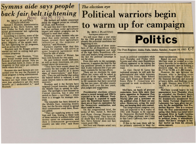 A newspaper article discussing: Samuel J. Routson talked about problems with U.S. farm policies and how countries like Japan hurt American farmers. He also mentioned concerns about the Soviet Union trying to gain power in places like Central America and the Middle East. While people are worried about the economy, they feel hopeful about recovery but are still concerned about the growing national debt.