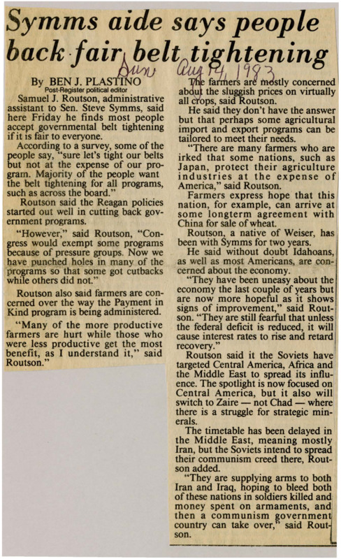A newspaper article discussing: Samuel J. Routson talked about problems with U.S. farm policies and how countries like Japan hurt American farmers. He also mentioned concerns about the Soviet Union trying to gain power in places like Central America and the Middle East. While people are worried about the economy, they feel hopeful about recovery but are still concerned about the growing national debt.