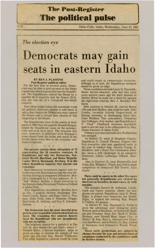 A newspaper article discussing: Democrats in Idaho might win some seats in the Legislature for the first time in years, with a chance to win at least six districts. While Republicans are still expected to win most races, Democrats have a good chance in places like District 29, where C. Wendell Miller could beat Rep. Martin Trillhaase. The final results will depend on how hard candidates work in their campaigns.