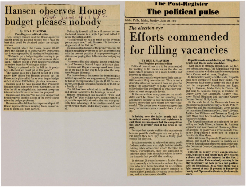 A newspaper article discussing: Rep. George Hansen talked about the new House budget, which passed with a close vote of 220-207. He shared his plan for a 13% flat income tax to help reduce the national debt, supported by 110 members of Congress. The plan would make sure everyone pays their fair share, including the wealthy, and give tax breaks for low-income people. His proposal is now being reviewed by the House Ways and Means Committee.
