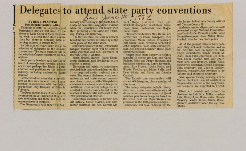 A newspaper article discussing: Next week, the Republican and Democratic parties will hold their conventions at Lake Coeur d'Alene to discuss party goals and important issues like Right-to-Work and abortion. The Democrats will meet from Sunday to Tuesday, and the Republicans will meet from Thursday to Saturday. Both parties will elect new officers, but no major challenges are expected.