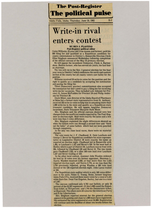 A newspaper article discussing: Galen Williams, a 32-year-old mason and farmer, became the Republican candidate for county commissioner in Bonneville's District 1 after getting 58 write-in votes. He will run against the current Democrat commissioner, Clyde A. Burtenshaw, in the November 2 election. The election had a low turnout of 26%, but with almost 1,000 new voters, more people are expected to vote in the general election.
