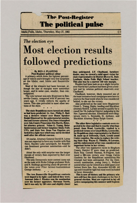 A newspaper article discussing: The Bonneville County primary had low voter turnout, with most results matching expectations. Lt. Gov. Philip E. Batt won the Republican governor race by a bigger margin than expected, and Jim Jones won for attorney general. Some local races had surprises, and now candidates are getting ready for the November election.