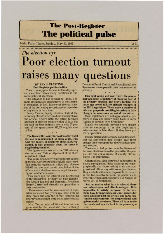 A newspaper article discussing: Idaho's primary election had a low voter turnout, with only about 27% of eligible voters participating. Some areas, like Bonneville County, had even lower turnout, leading people to talk about changing the primary election date. Lawmakers are still debating the issue, as each option has its pros and cons.