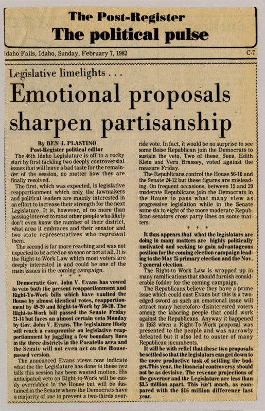 A newspaper article discussing: The Idaho Legislature started with big debates on new voting districts and a Right-to-Work law. Governor John V. Evans plans to reject both, and his veto on Right-to-Work will likely stand. After these issues are settled, lawmakers can focus on the state budget.