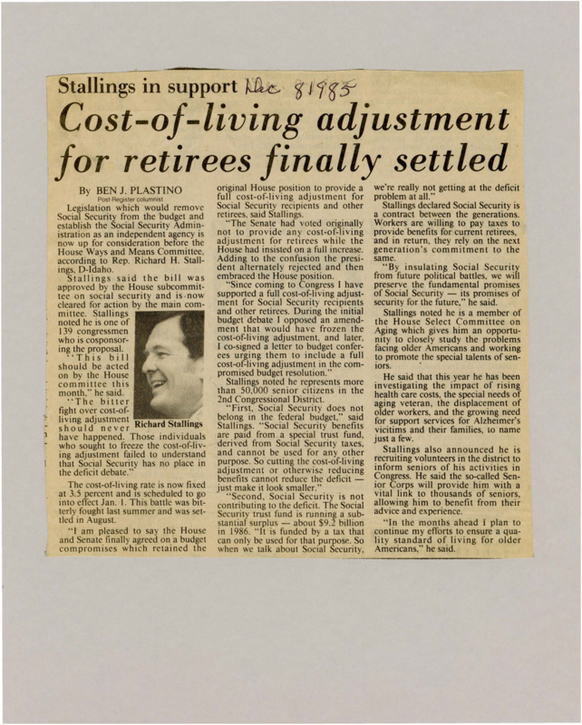 A newspaper article discussing: A new bill aims to make Social Security its own agency, separate from the federal budget, to protect its funding. Congressman Richard H. Stallings supports this and wants to make sure Social Security payments keep up with rising costs. He is also working on issues that affect older adults, like healthcare, jobs, and Alzheimer's support.