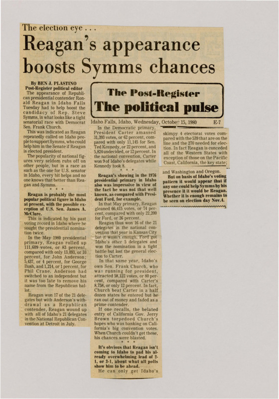 A newspaper article discussing: Ronald Reagan visited Idaho Falls in 1980 to support Republican Steve Symms in his close Senate race against Democrat Frank Church. Reagan was very popular in Idaho and had won the state’s past elections by a big margin. Since he was already likely to win Idaho, his visit was mainly to help other Republicans get more votes.