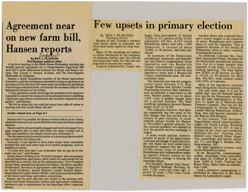 A newspaper article discussing: A White House meeting led to a bipartisan deal on the 1981 farm bill, likely choosing the Senate’s cheaper version. The bill includes support for farmers, including sugar and peanut programs. Hansen said this agreement helps avoid a veto and gives farmers the help they need.