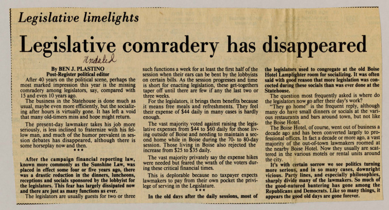 A newspaper article discussing: Idaho lawmakers don't spend as much time socializing together as they used to. In the past, they often met after work to talk and build friendships, but that has mostly stopped. Now, politics feels more serious and divided, and many miss the old friendly atmosphere.