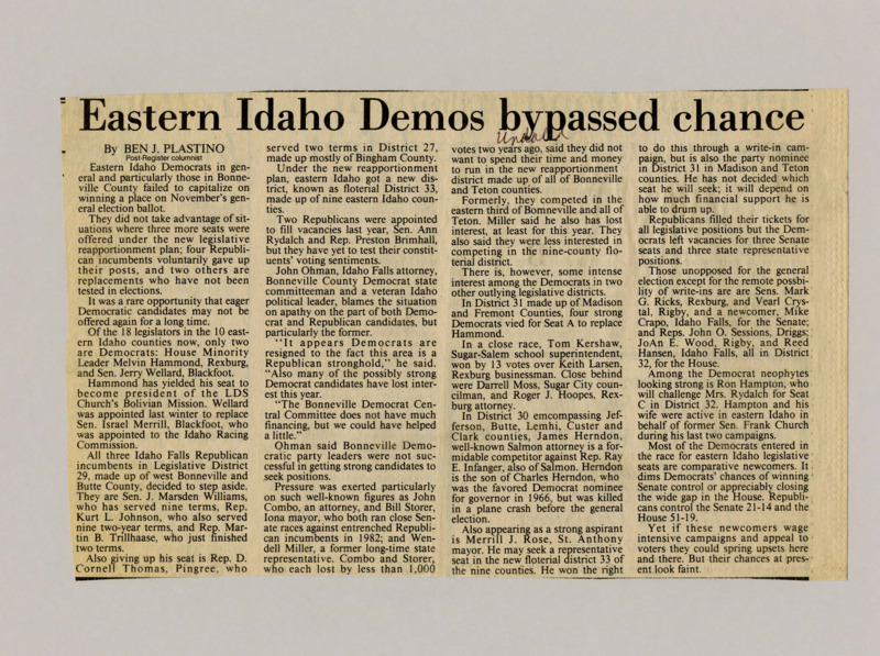 A newspaper article discussing: Democrats in Eastern Idaho missed a big chance by not running candidates for several open seats. Republicans filled all their spots, but many Democrats didn't want to run or didn't have enough support. This makes it hard for Democrats to win more seats in the area.