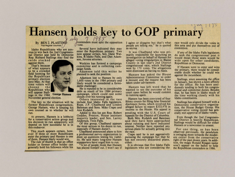 A newspaper article discussing: The race for Idaho's 2nd Congressional District seat is getting crowded, with people like Sen. Dane Watkins, lawyer Dan Adamson, and former Rep. George Hansen thinking about running. Even though Hansen has legal issues, he may still have strong support if he runs. Incumbent Richard Stallings is a tough opponent, especially with the changing political scene and his experience.