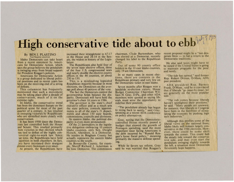 A newspaper article discussing: Some people believe the country is starting to move away from President Reagan’s conservative ideas. In Idaho, Republicans still have most of the political power, but Democrats do hold the governor’s office. There's a small hope that politics in Idaho might start to shift more toward the middle.