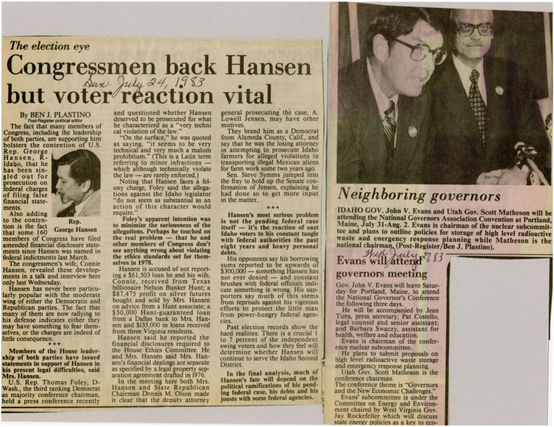 A newspaper article discussing: U.S. Rep. George Hansen from Idaho is facing charges for not correctly reporting his finances. Many lawmakers, from both parties, are supporting him, saying he may be unfairly targeted. Hansen's future in politics depends on how voters in his district react to his legal and financial problems.