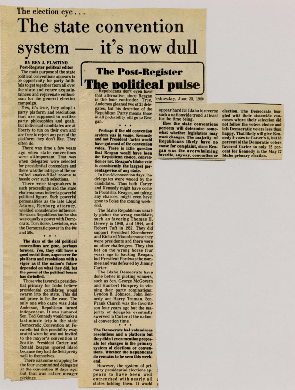 A newspaper article discussing: State political conventions are mostly social events where party members gather to get excited for the election. The role of conventions in picking presidential candidates has decreased with the rise of primaries. Even though there are many resolutions, there's little talk about changing the primary election system, which is now well-established.