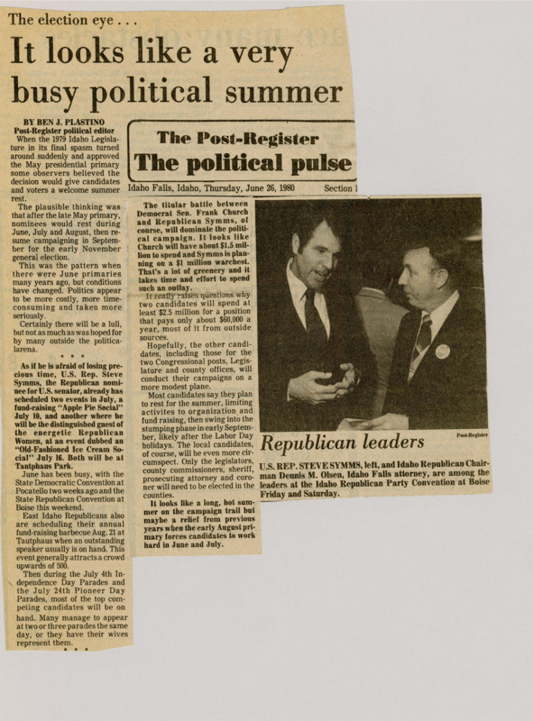 A newspaper article discussing: In 1979, Idaho passed a May primary, hoping it would give candidates and voters a break in the summer. However, political campaigns have become more expensive, and candidates like Steve Symms and Frank Church are spending millions on their Senate race. While there will be some events over the summer, full campaigning will start again after Labor Day.