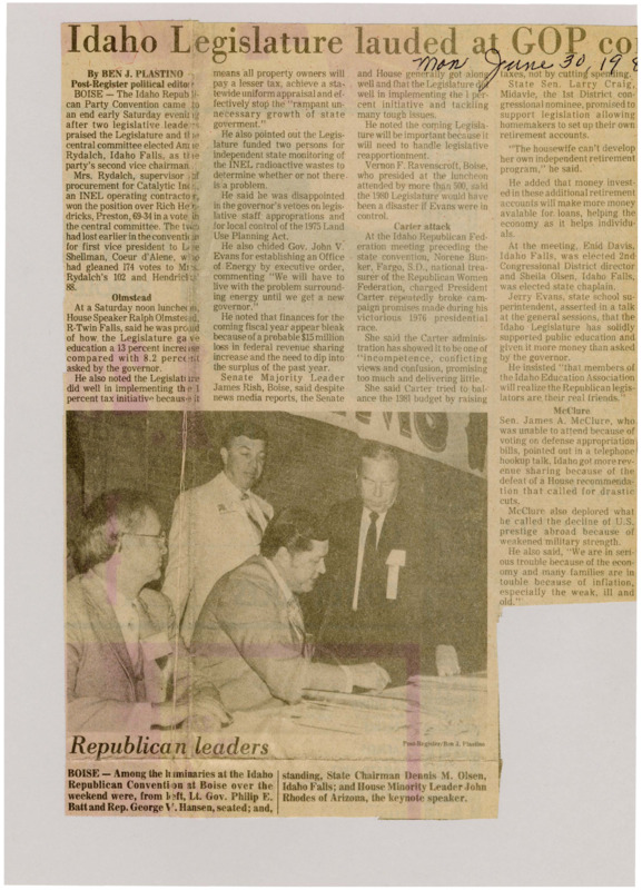 A newspaper article discussing: At the Idaho Republican Convention, leaders talked about lowering taxes and limiting government growth. They criticized Governor Evans and President Carter for making bad decisions. Amy Rydalch was elected a party leader, and there were concerns about the economy, education, and national defense.