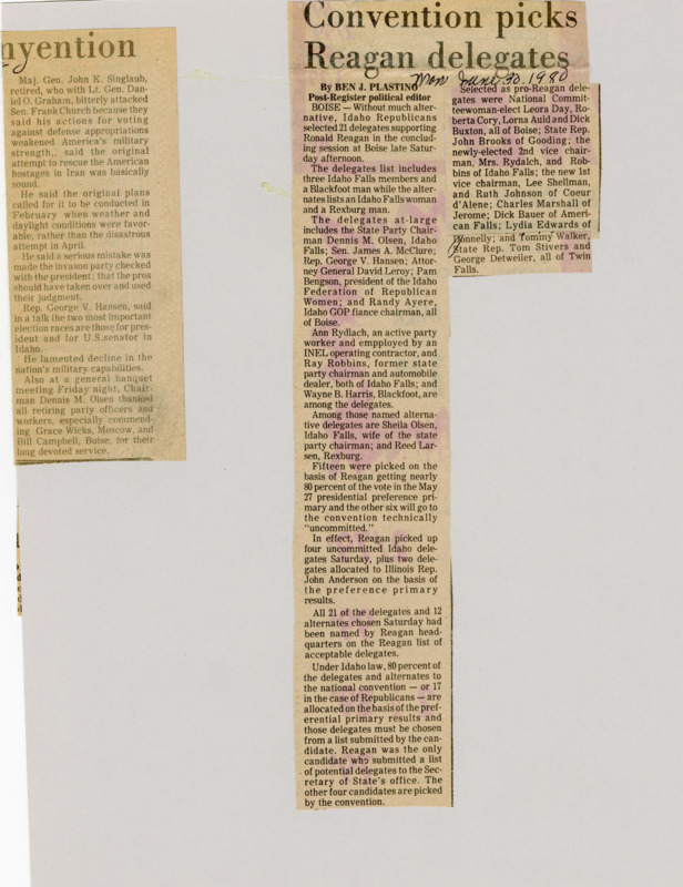 A newspaper article discussing: In Boise, 21 delegates who support Ronald Reagan were picked for the Republican National Convention, mostly because of his strong showing in Idaho’s May 27 primary. The delegates were chosen from a list given by Reagan’s campaign. Some delegates were also assigned to other candidates, but most were on Reagan's list.