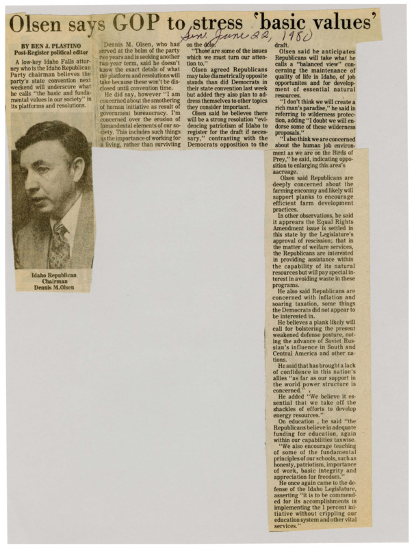 A newspaper article discussing: Idaho Republican leader Dennis M. Olsen said the party meeting will focus on values like hard work, love for country, and being independent. He spoke against too much government control and supported smart spending, strong defense, and using natural resources. He also backed tax changes and traditional education, but didn't support making more land into wilderness areas.
