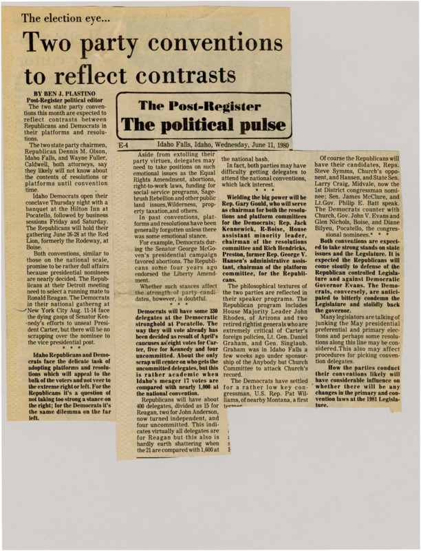 A newspaper article discussing: Idaho’s Republican and Democratic state conventions in June 1980 will show their different political views as they set their platforms. With presidential races mostly decided, delegates will discuss issues like abortion, the Equal Rights Amendment, and public land. Both parties want to appeal to regular voters without going too far to the left or right.