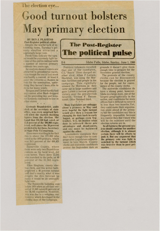 A newspaper article discussing: The May primary election had more voters than expected, with 181,188 people voting. Bonneville County had a 40% turnout, which was higher than usual. Despite some complaints about the timing, the high turnout showed the current system works well.
