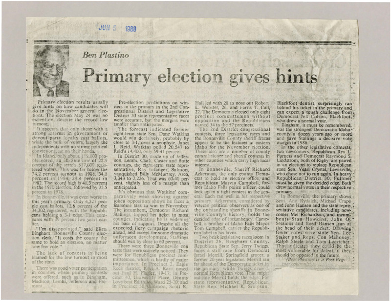 A newspaper article discussing: The May 24 primary had a very low voter turnout of 12.9%, but the results mostly showed who might win the general election. Incumbents like state Senator Dan Watkins and Ray Infinger won, but their margins were smaller than expected. Local races, especially for sheriff, were close and will be important in November election.