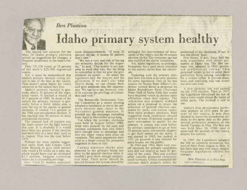 A newspaper article discussing: The May 24 Idaho primary election had a low turnout, with only 25% of registered voters participating. The lack of competitive races and the timing of the election likely caused the low turnout. Idaho has tried different ways to run primaries over the years, but these changes haven't improved voter participation much.