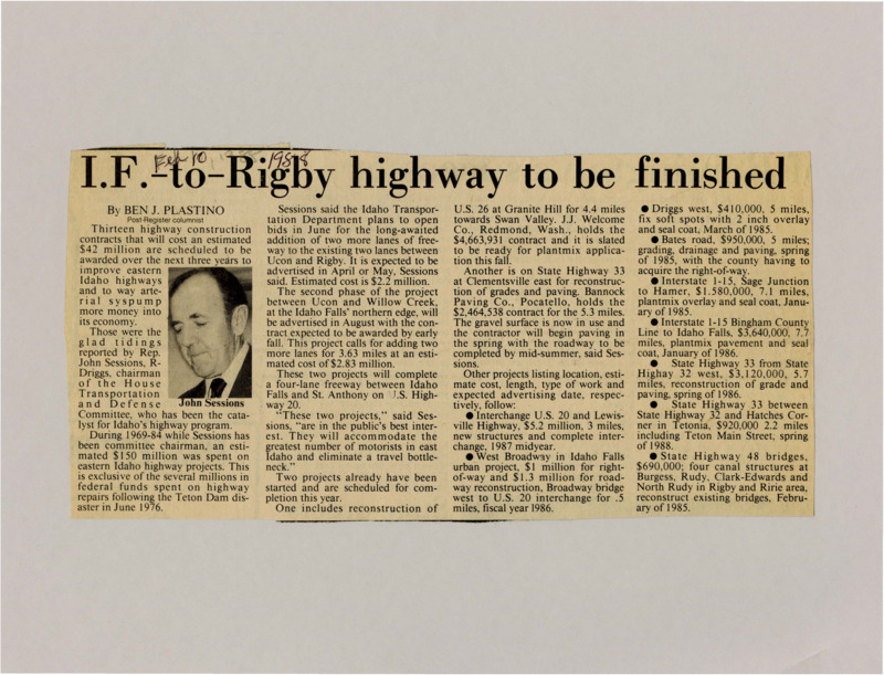 A newspaper article discussing: Thirteen highway projects worth $42 million will improve roads in eastern Idaho over the next three years. These include adding lanes to U.S. Highway 20 and rebuilding roads on U.S. 26 and State Highway 33. The work will start in 1985 and finish by 1988.