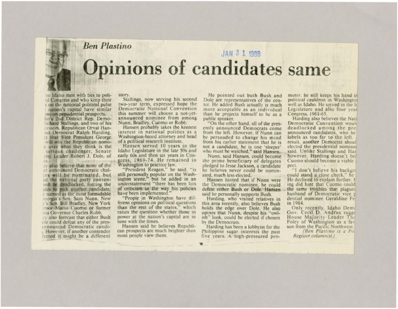 A newspaper article discussing: Three Idaho politicians think George Bush will win the Republican nomination over Bob Dole. They believe the Democrats won't agree on a candidate and might choose someone new like Sam Nunn. They say Bush or Dole could beat the current Democrats, but Nunn might have a good chance.