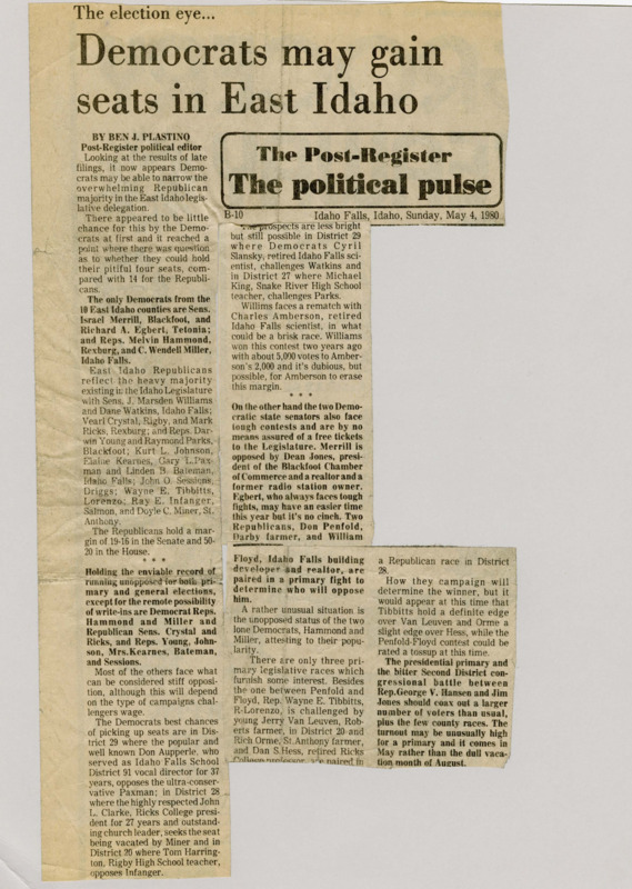 A newspaper article discussing: Democrats in East Idaho might win more seats in the state government, which has mostly been run by Republicans. Some races look close, especially in Districts 20, 28, and 29, where well-known locals are running. More people are expected to vote because of the presidential primary and a big race for Congress.