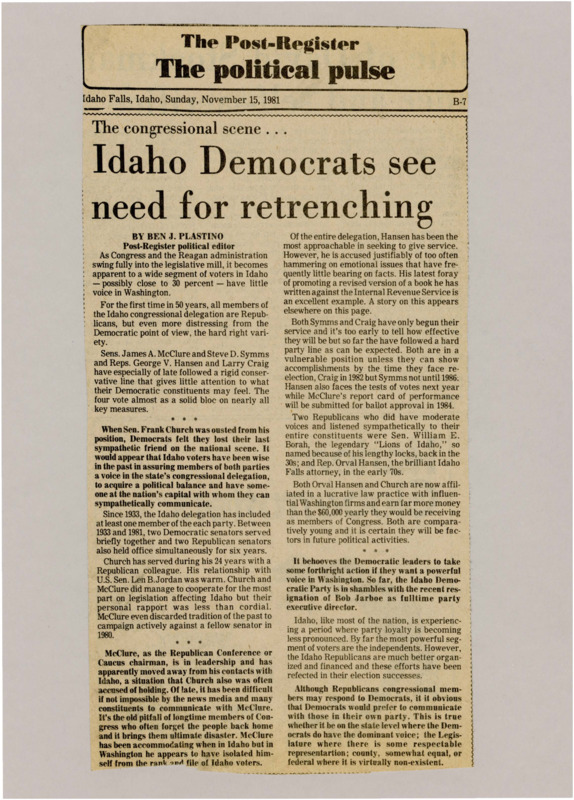 A newspaper article discussing: Idaho’s entire congressional delegation is now made up of Republicans, which is the first time in 50 years. This has left many Democratic voters feeling ignored, especially after losing Frank Church, their last ally in Washington. The state’s Democratic Party is weak, and Republicans are better organized, leaving Democrats with little federal representation.