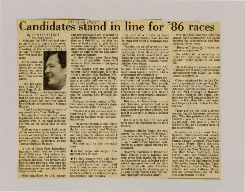 A newspaper article discussing: Some politicians in eastern Idaho are thinking about running in the 1986 elections. Rep. Richard Stallings is expected to run again, while three local Republicans are unsure if they will join the race. Many people are also interested in running for Congress and lieutenant governor.